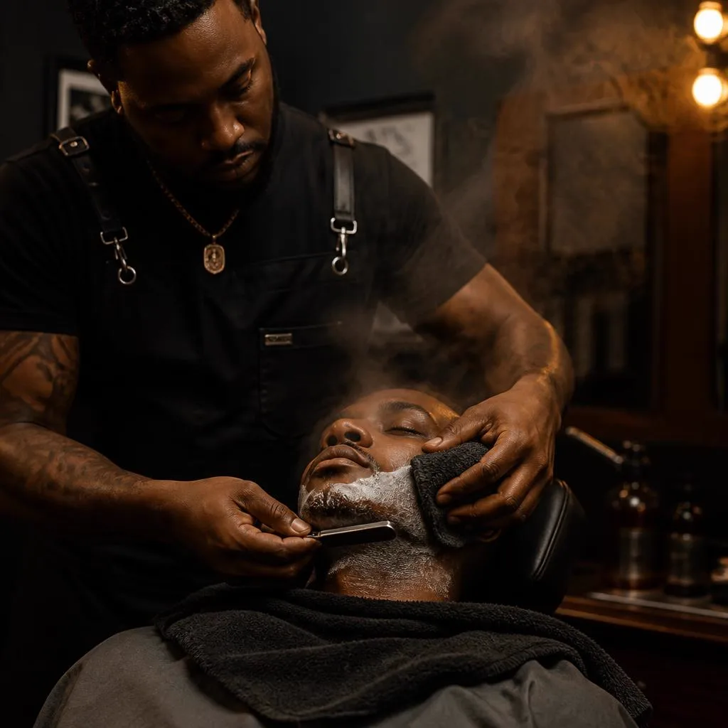 Hot towel beard shave service in the barber chair